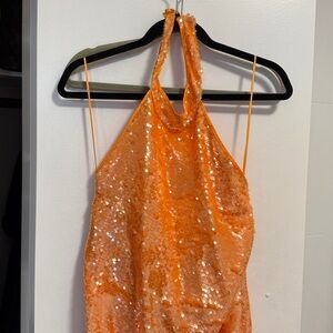 Caroline Constas Orange Sequin Embellished Halter Midi Dress